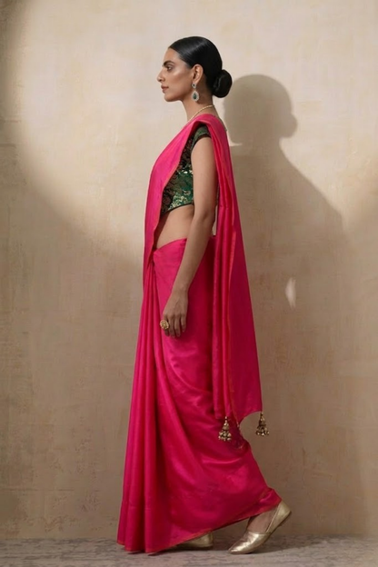 Dhiyona ST With Stitched Blouse - Green Brocade Blouse with Fuchsia Pink Dual Tone  Satin Saree (Blouse has sleeve attached)