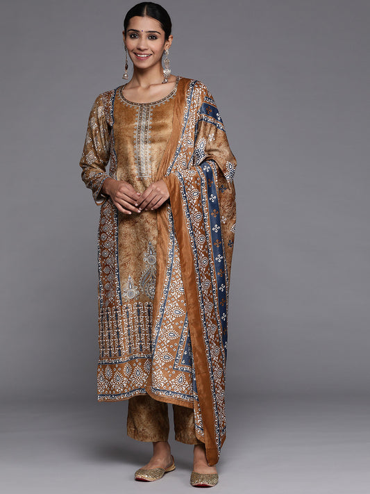 Women Mustard Yellow Ethnic Motifs Printed Velvet Kurta with Trousers & With Dupatta