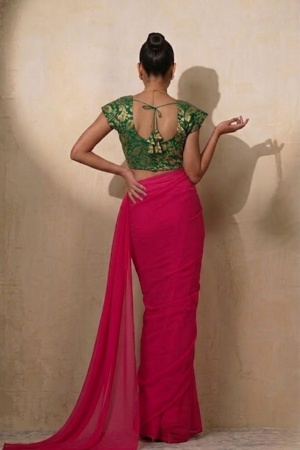 Dhiyona ST With Stitched Blouse - Green Brocade Blouse with Fuchsia Pink Dual Tone  Satin Saree (Blouse has sleeve attached)