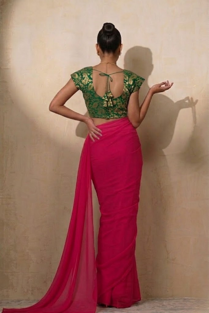 Dhiyona ST With Stitched Blouse - Green Brocade Blouse with Fuchsia Pink Dual Tone  Satin Saree (Blouse has sleeve attached)