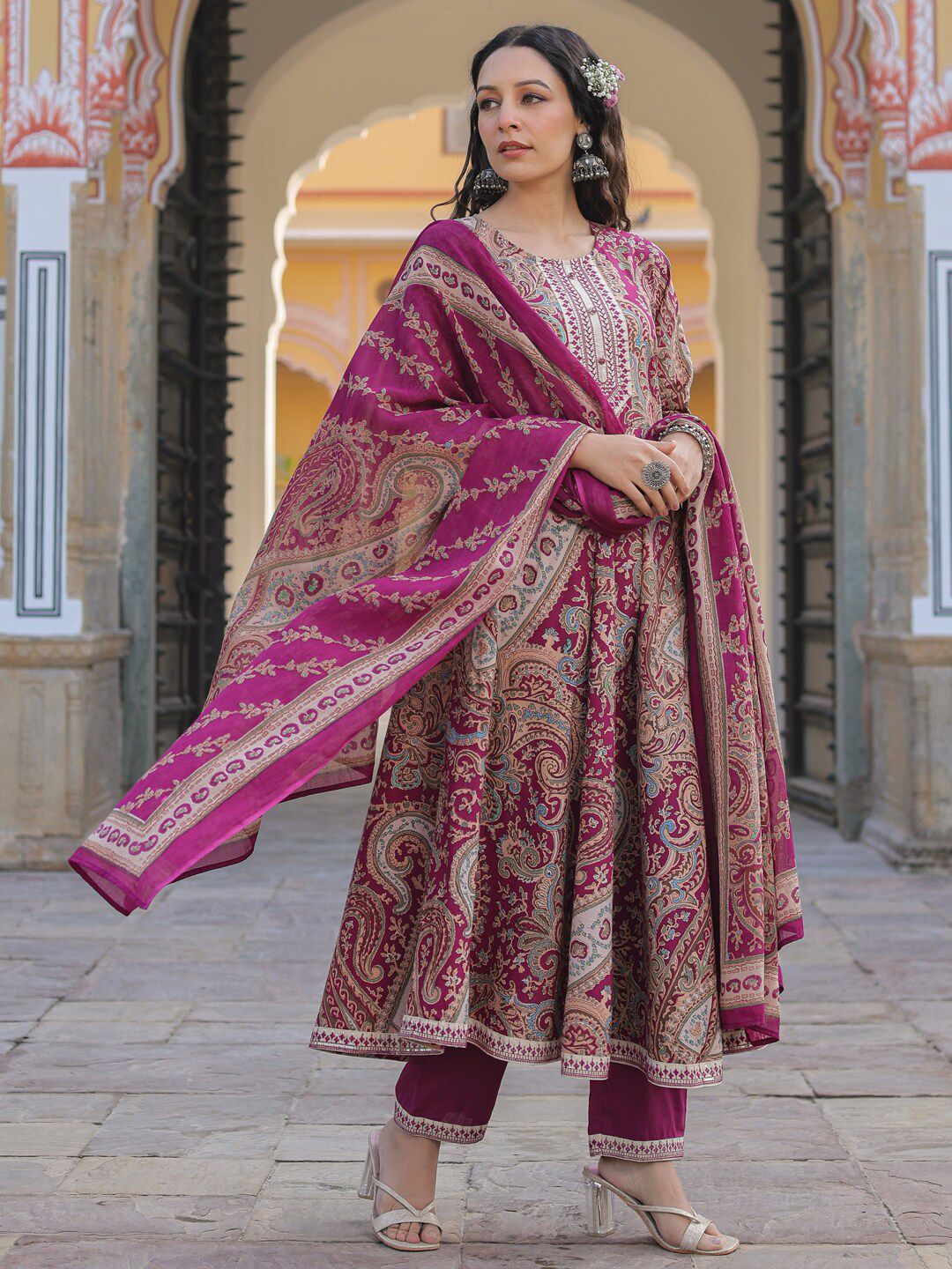 Dhiyona RR Women's Paisley Printed Thread Work Pure Cotton Kurta with Trousers & Dupatta