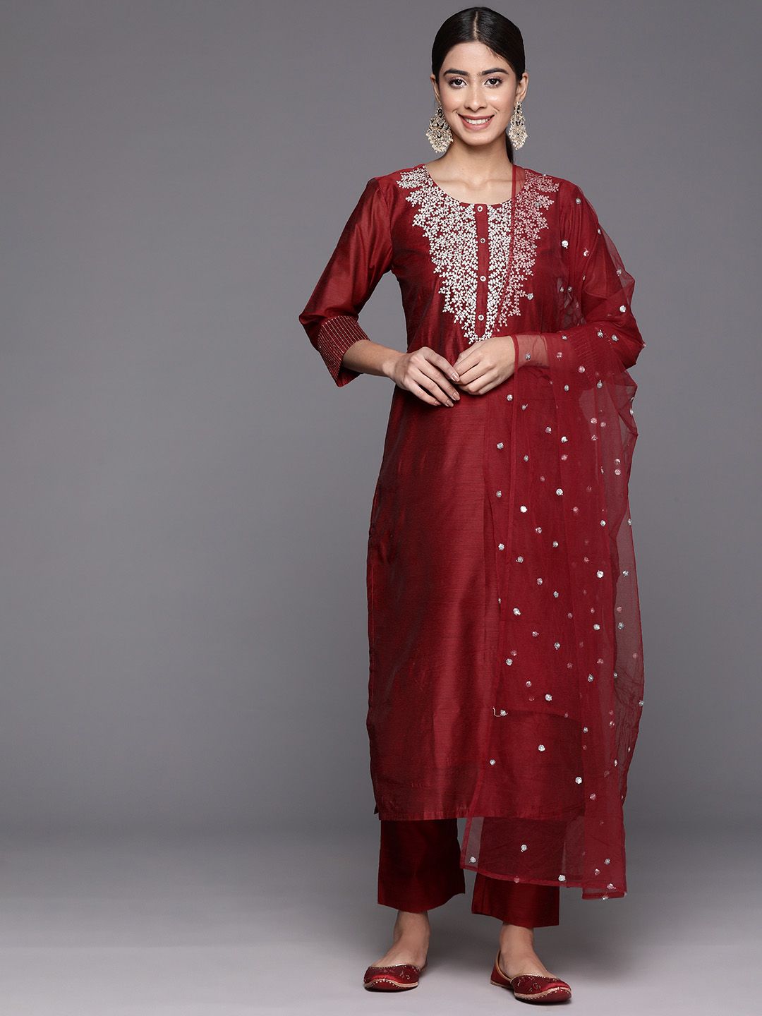 Maroon Floral Embroidered Regular Chanderi Silk Zari Kurta with Trousers & Dupatta