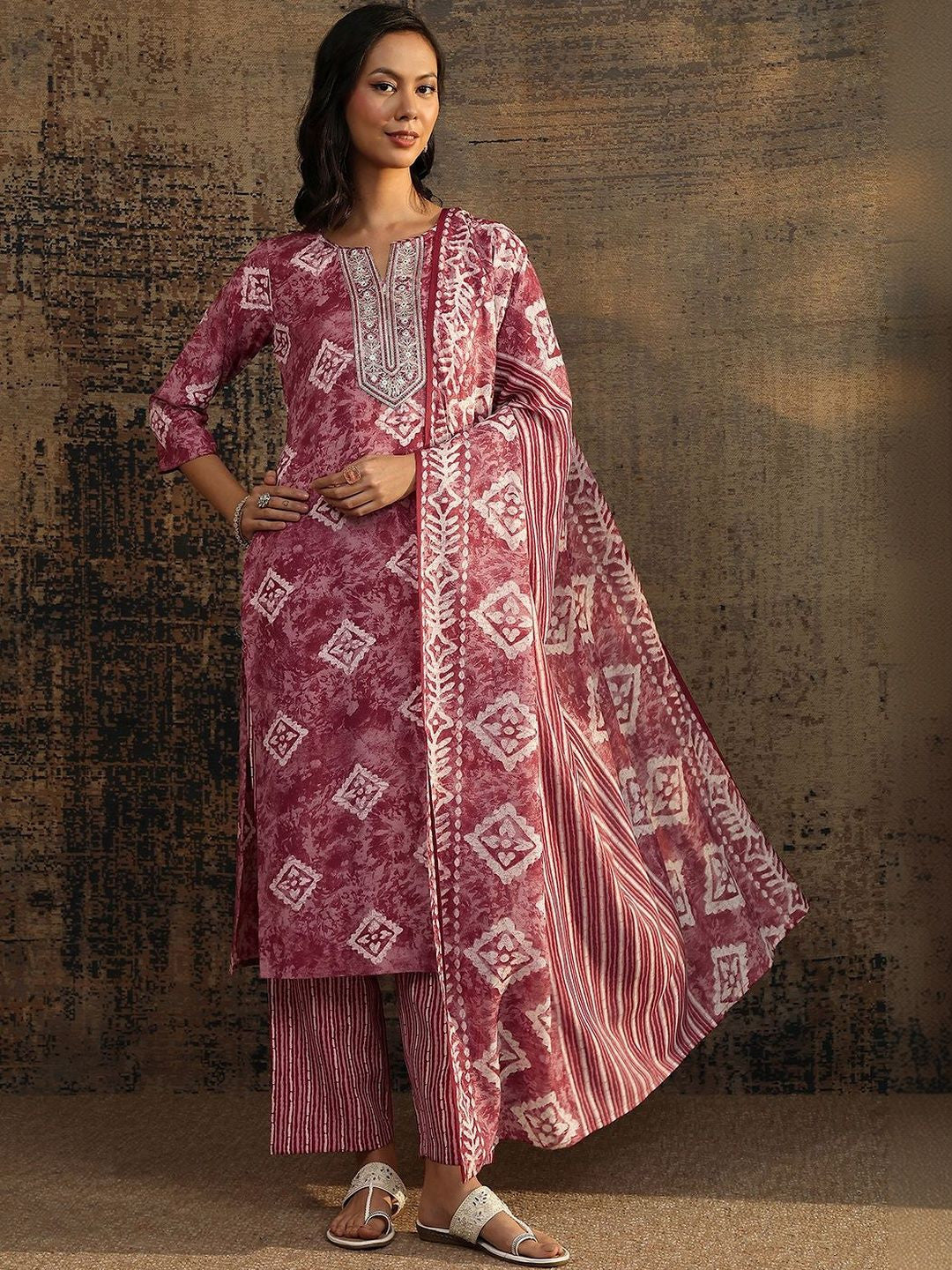 Women Ethnic Motifs Printed Regular Thread Work Kurta with Palazzos & With Dupatta