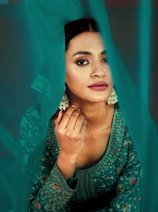 Dhiyona LL Floral Embroidered Round Neck Sequinned Straight Kurta With Palazzos & Dupatta