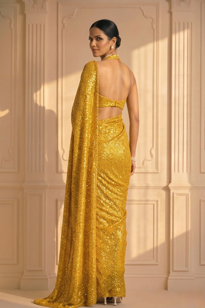 Dhiyona ST Yellow Knitted Sequin Saree with Blouse Fabric