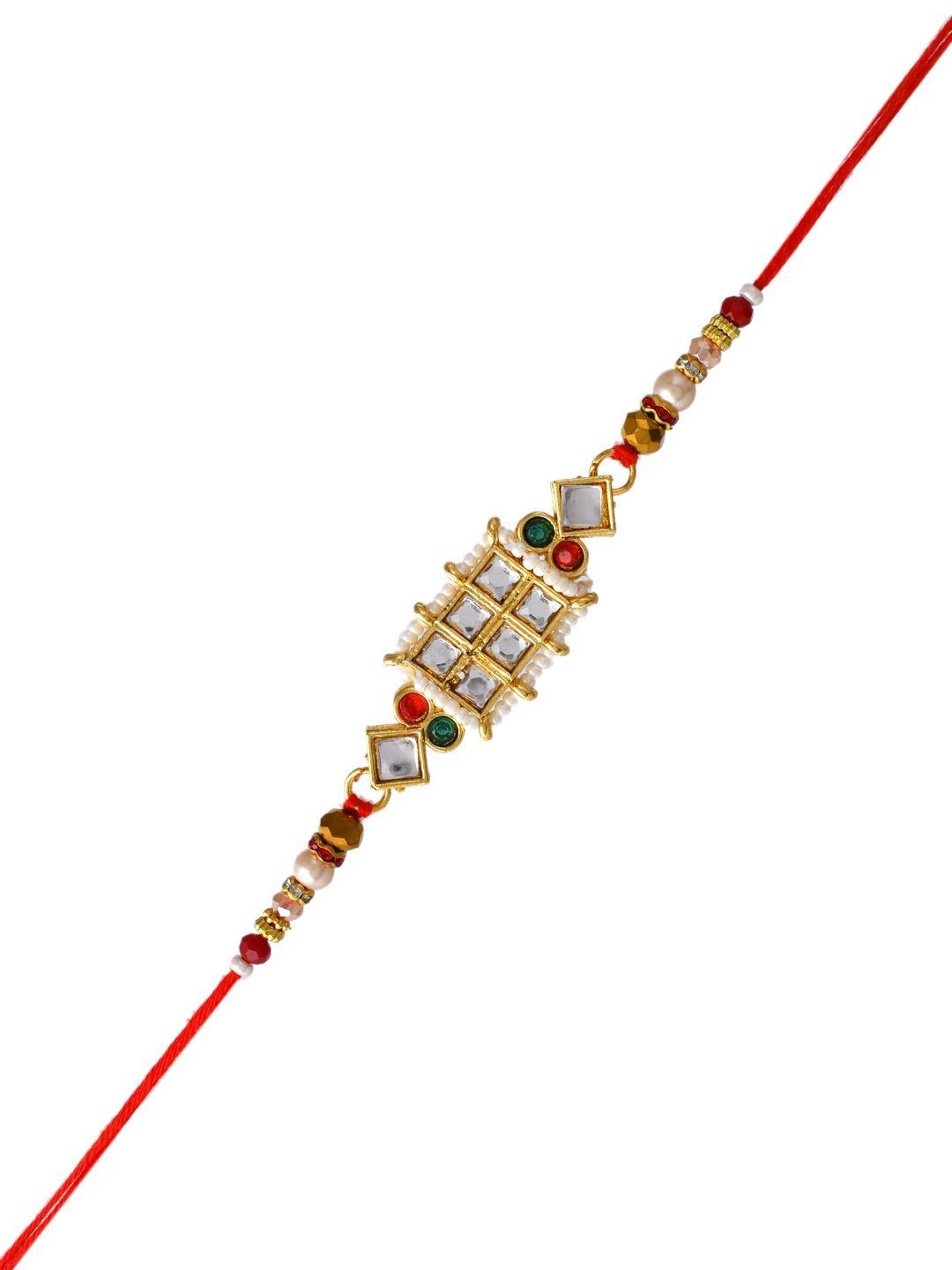 Dhiyona Red Mirror & Pearl-Beaded Rakhi With Roli Chawal & Greeting Card