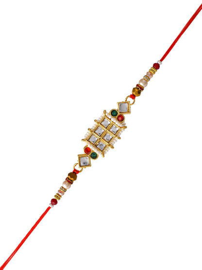 Dhiyona Red Mirror & Pearl-Beaded Rakhi With Roli Chawal & Greeting Card