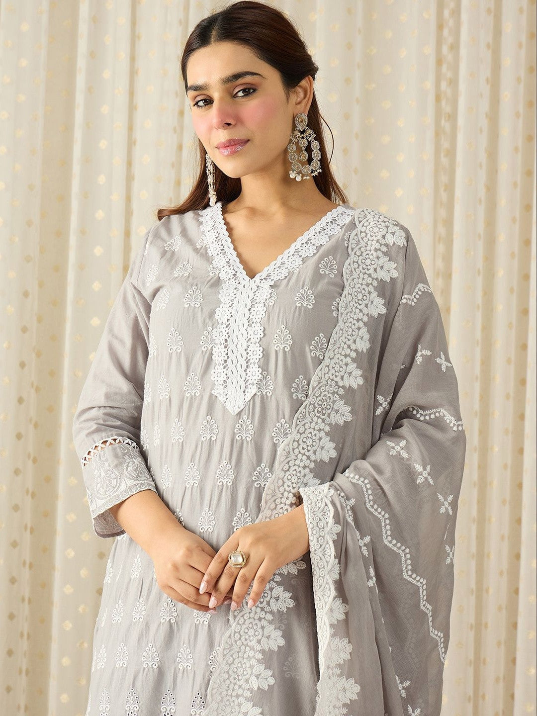 Women Ethnic Motifs Embroidered Regular Chikankari Pure Cotton Kurta with Trousers & With Dupatta