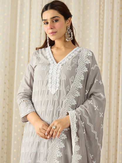 Women Ethnic Motifs Embroidered Regular Chikankari Pure Cotton Kurta with Trousers & With Dupatta