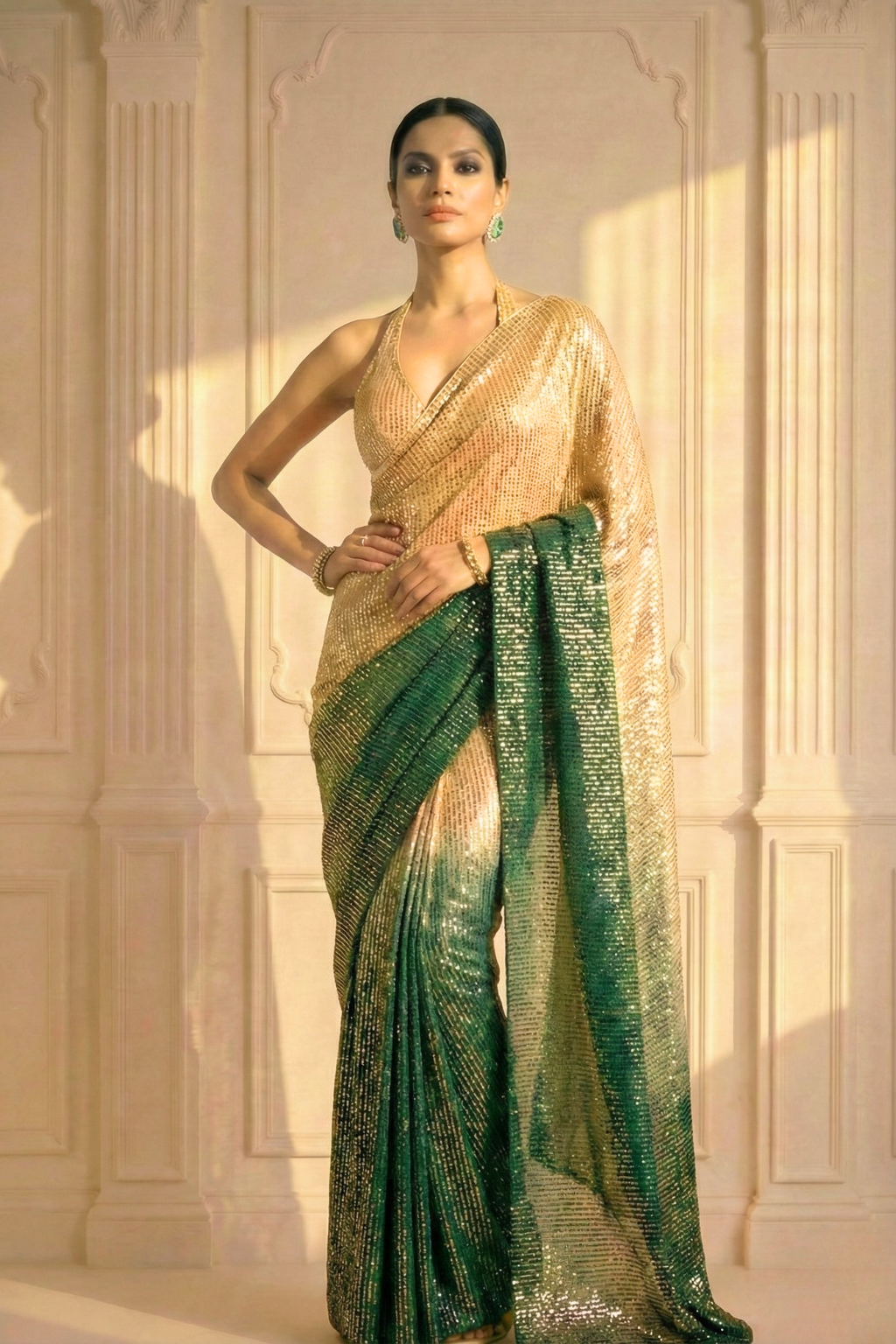 Dhiyona ST Green and Cream Ombre' Knitted Sequin Saree with Blouse Fabric