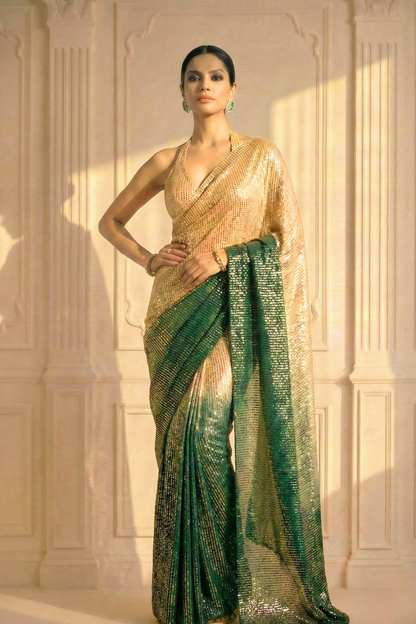 Dhiyona ST Green and Cream Ombre' Knitted Sequin Saree with Blouse Fabric