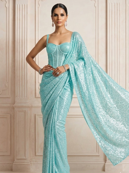 Dhiyona ST Havana Dreams Blue Knitted Sequin Saree with Blouse Fabric