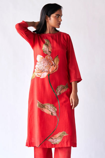 Women's Red Bemberg Silk Co-ord Set