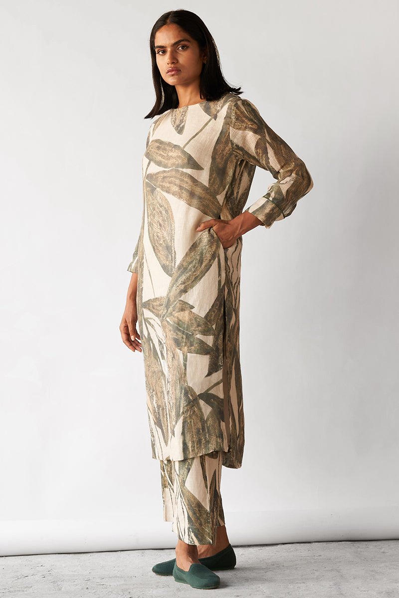 Women's Fog Beige and Green Linen Co-ord Set