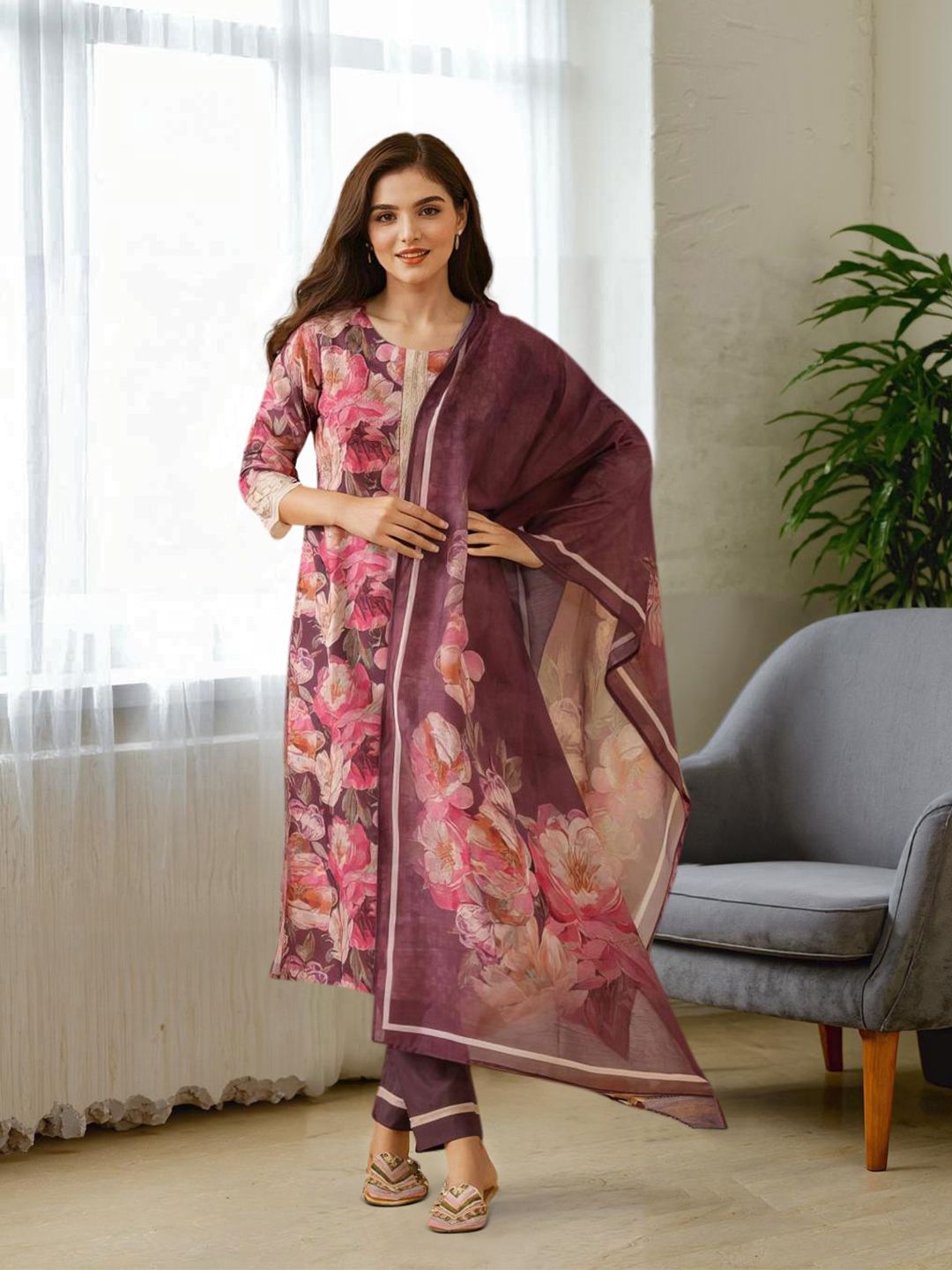 Dhiyona IS Women's Floral Printed Regular Thread Work Kurta With Trousers & Dupatta