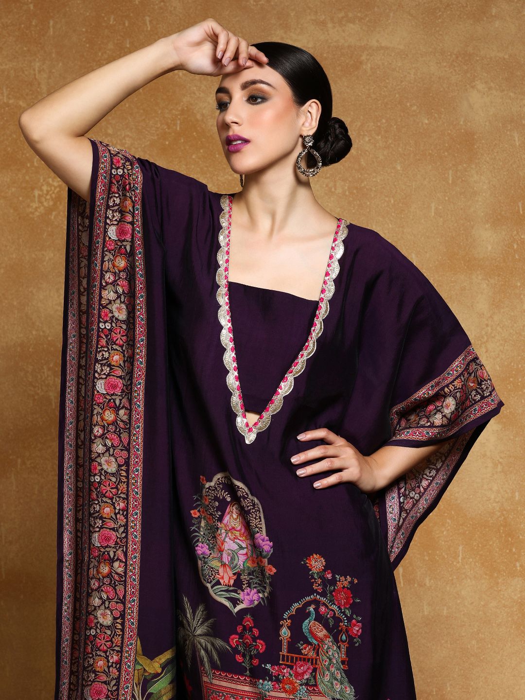 Purple Ethnic Motifs Printed Sequinned Square Neck Kaftan Kurta With Trousers