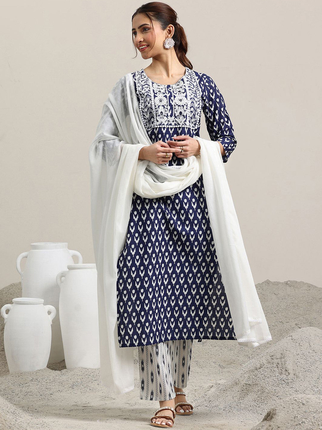 Abstract Printed Pure Cotton Straight Kurta with Trousers & Dupatta
