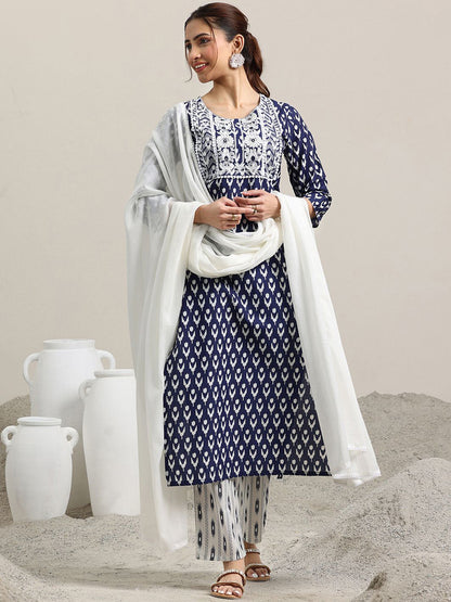 Abstract Printed Pure Cotton Straight Kurta with Trousers & Dupatta