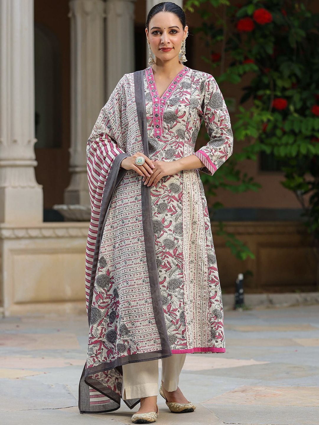 Dhiyona RR Women's Floral Printed Mirror Work Pure Cotton Kurta with Trousers & Dupatta