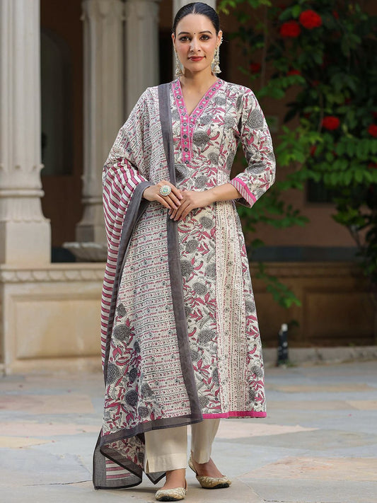 Dhiyona RR Women's Floral Printed Mirror Work Pure Cotton Kurta with Trousers & Dupatta
