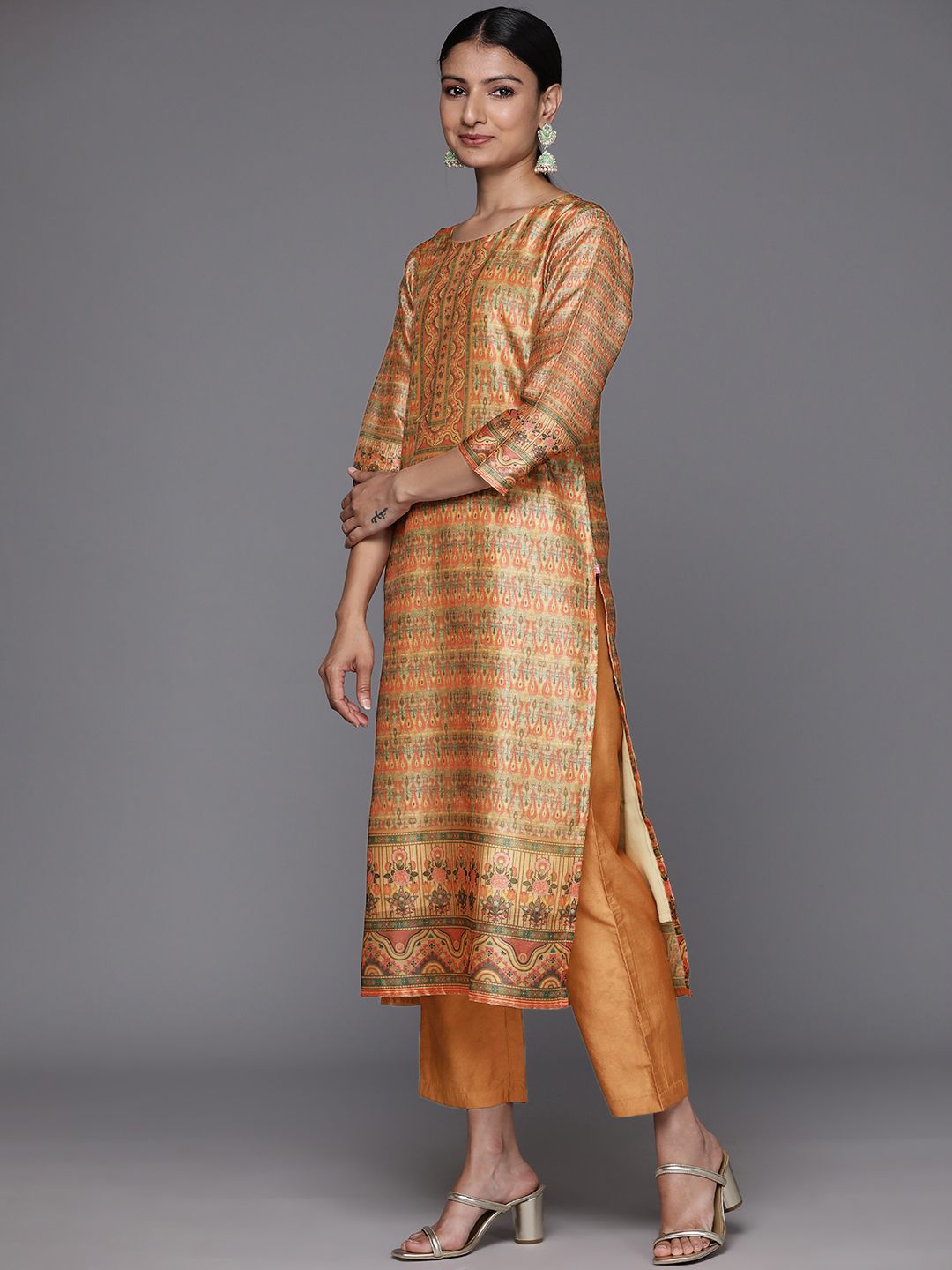 Dhiyona VA Women's Coral Printed Regular Chanderi Silk Kurta with Trousers & With Dupatta