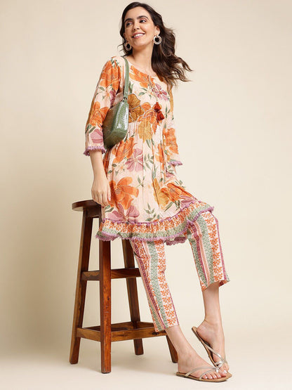 Dhiyona IS Women's Peach Floral Printed Pure Cotton Empire Kurta With Trousers