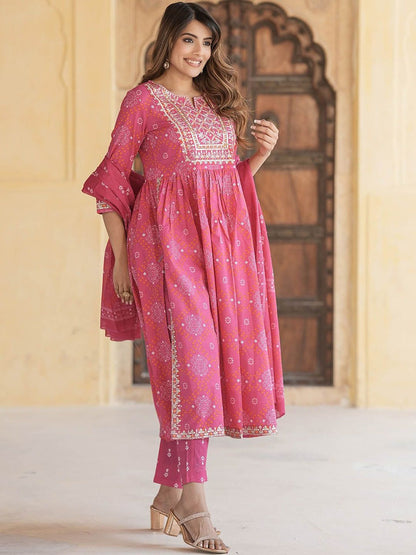 Dhiyona KL Bandhani Embroidered Regular Thread Work Pure Cotton Kurta with Trousers & Dupatta