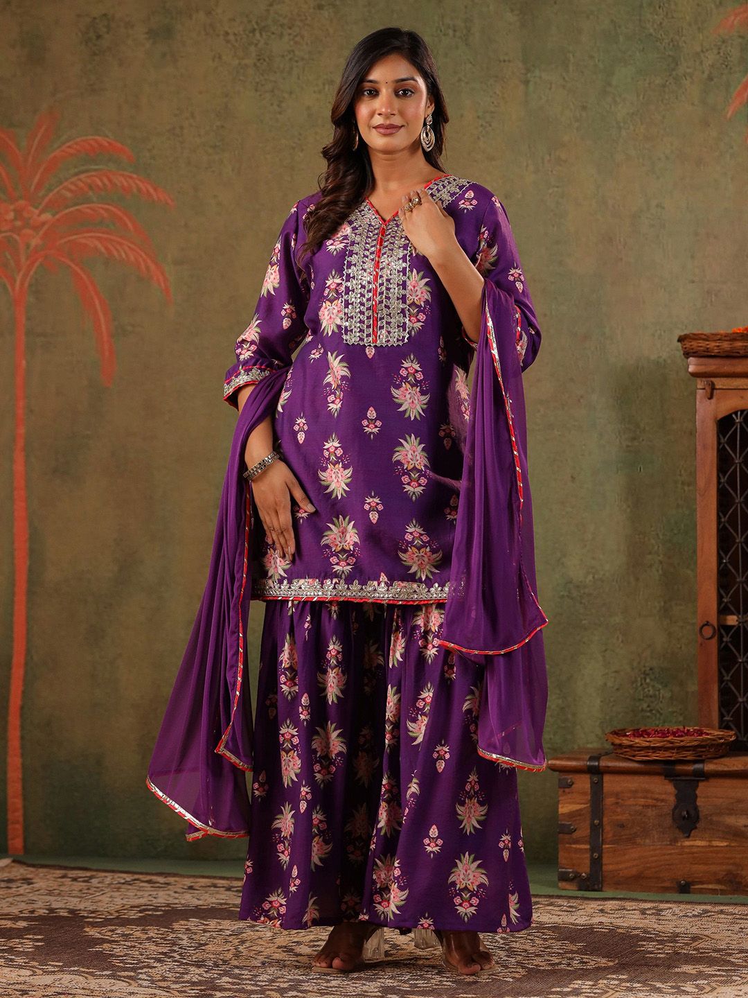 Dhiyona SC Women Embroidered Thread Work Chanderi Silk Kurta with Sharara & Dupatta