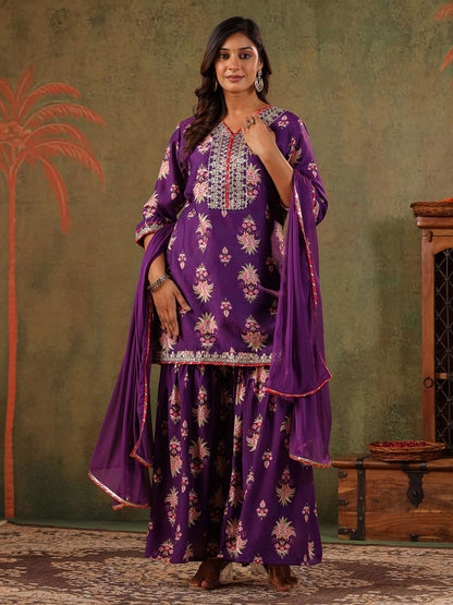 Dhiyona SC Women Embroidered Thread Work Chanderi Silk Kurta with Sharara & Dupatta