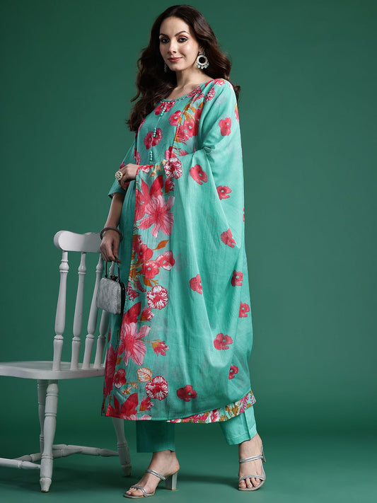 Floral Printed Pure Cotton Kurta with Trousers & Dupatta