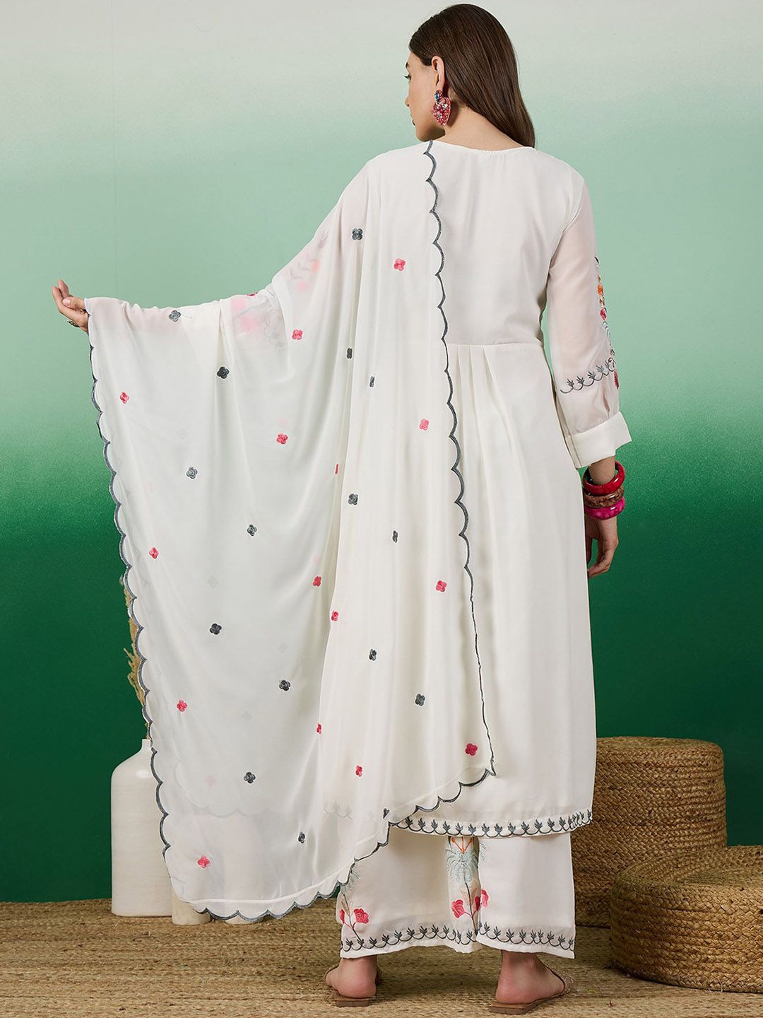 Dhiyona KL Floral Embroidered Georgette Straight Kurta With Palazzo & Dupatta