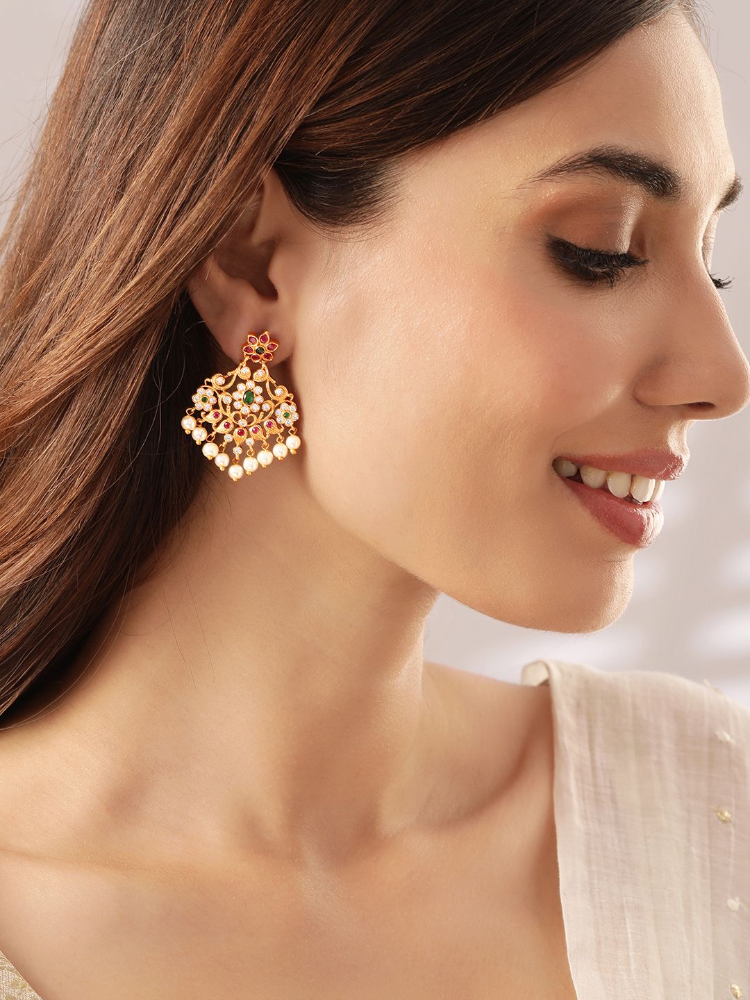 Dhiyona RJ Women's 22K Gold Plated Ruby & Emerald Studded Flower Design Drop Earrings with Pearl Drops