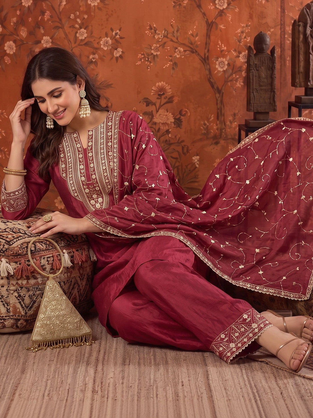 Embroidered Round Neck Kurta & Palazzos With Dupatta
