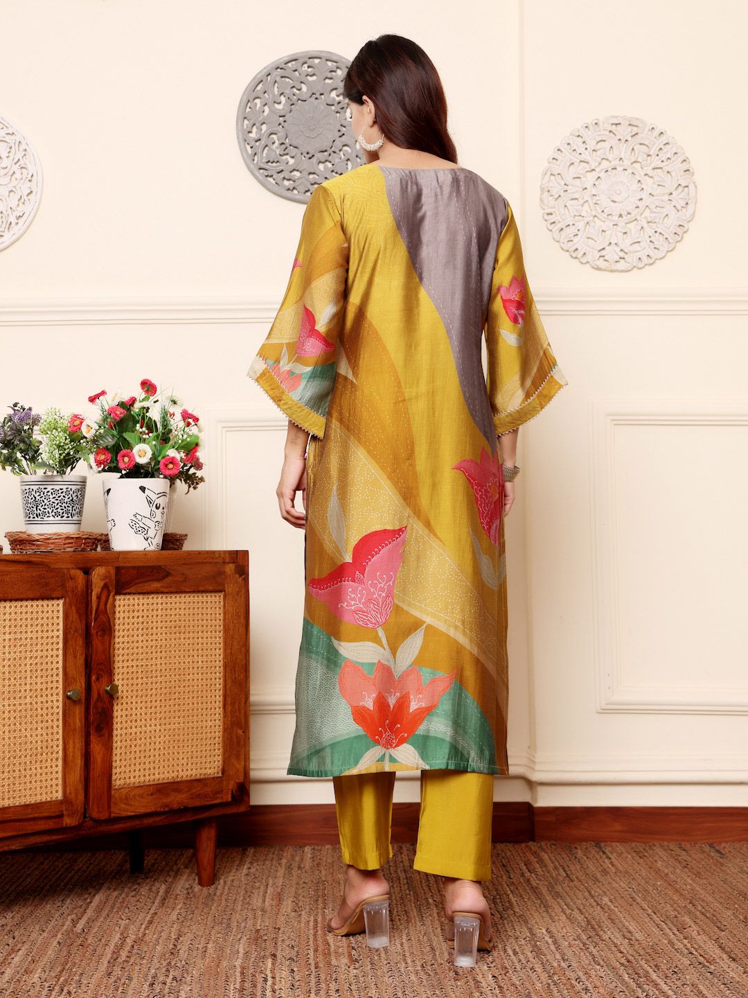 Mustard Quirky Printed V-Neck Chanderi Silk Straight Kurta With Trousers