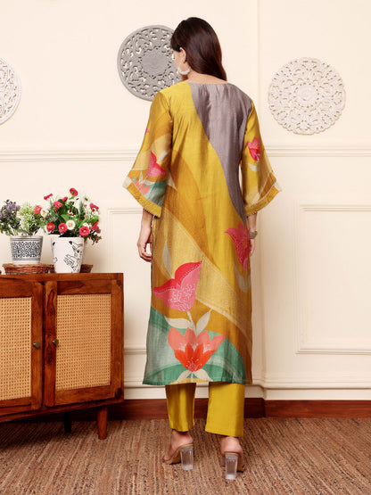 Mustard Quirky Printed V-Neck Chanderi Silk Straight Kurta With Trousers