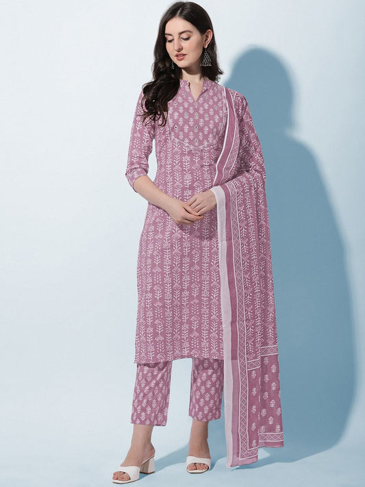 Dhiyona KL Women Plus Size Pink Ethnic Pure Cotton Kurta with Trousers & With Dupatta