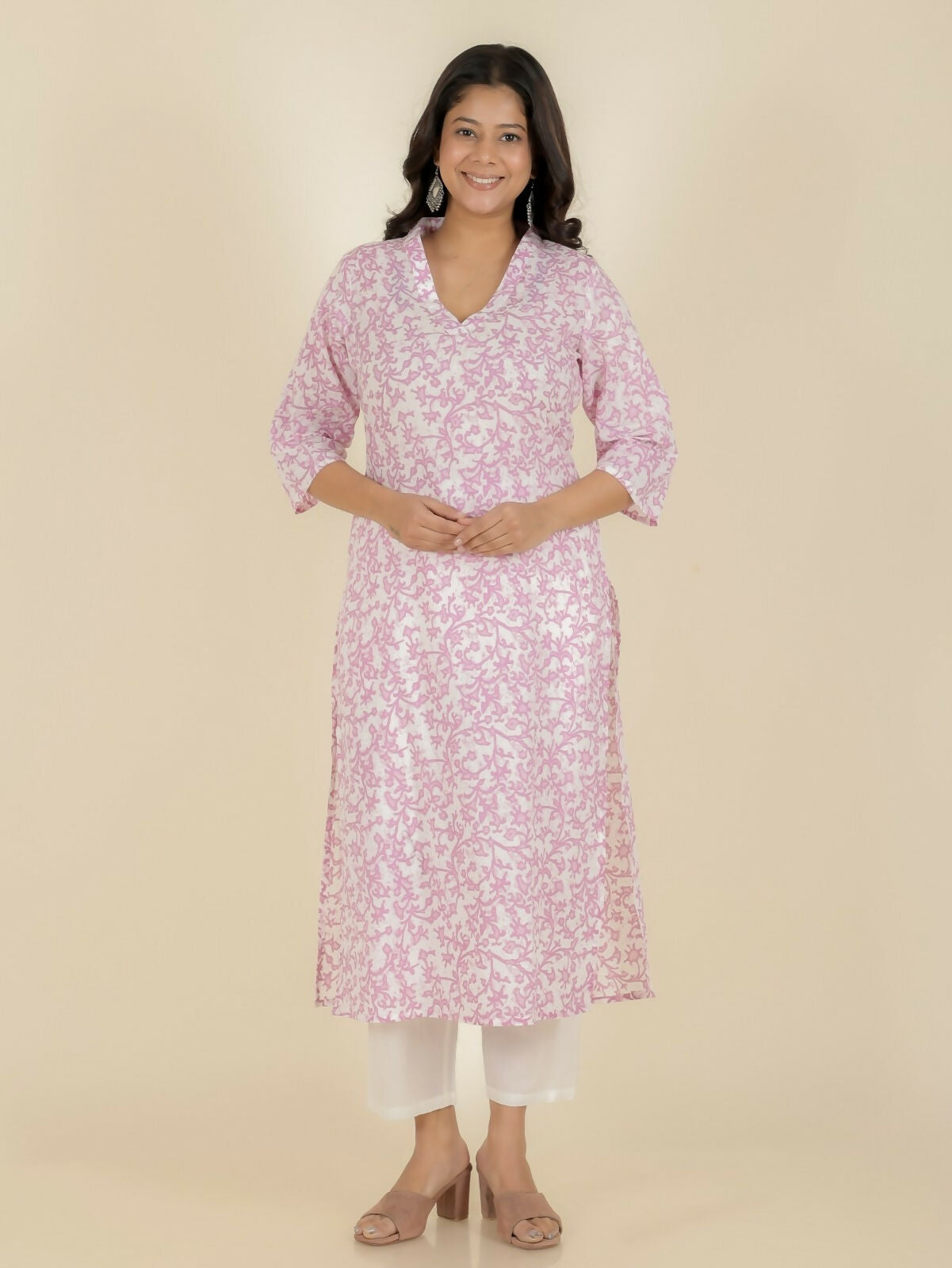 Women's White Soft Cotton Floral Print Straight Kurta Pant Set for Women