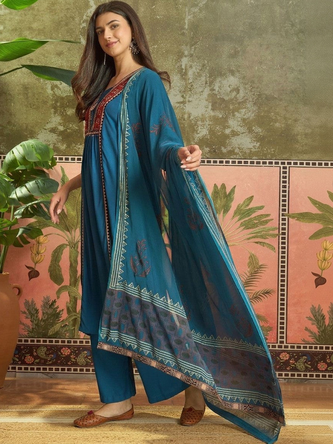 Square Neck A-Line Kurta & Palazzos With Dupatta