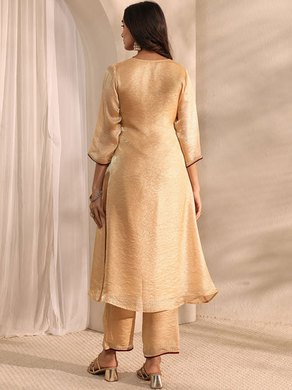 Beige Solid Silk Blend A-Line Kurta Set