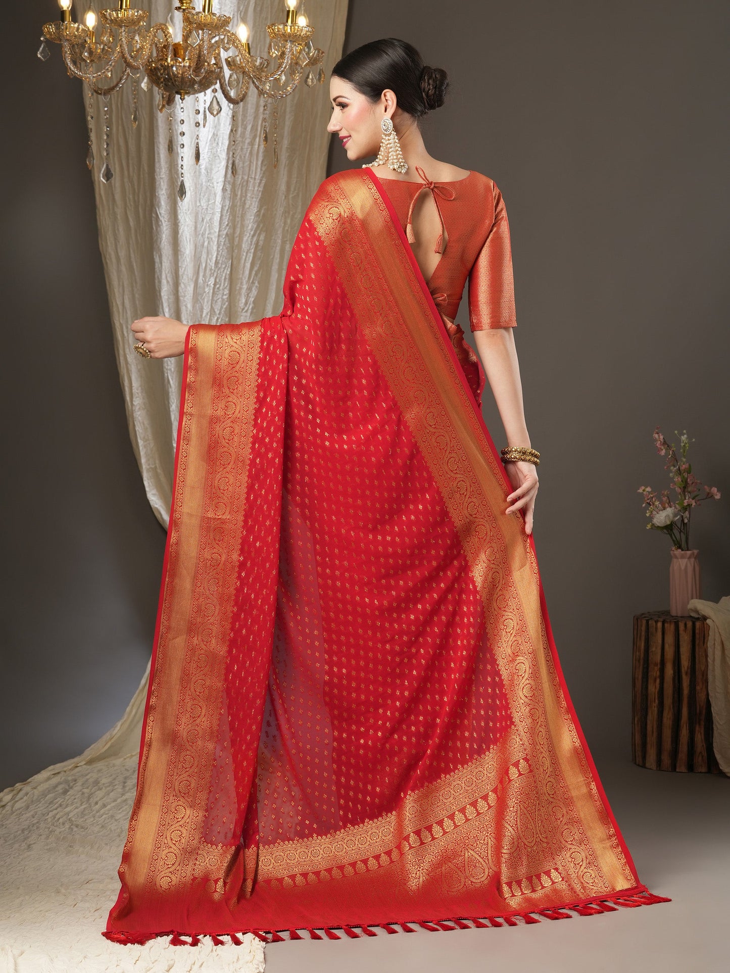 Women's Georgette Red Woven Design Designer Saree With Blouse Piece