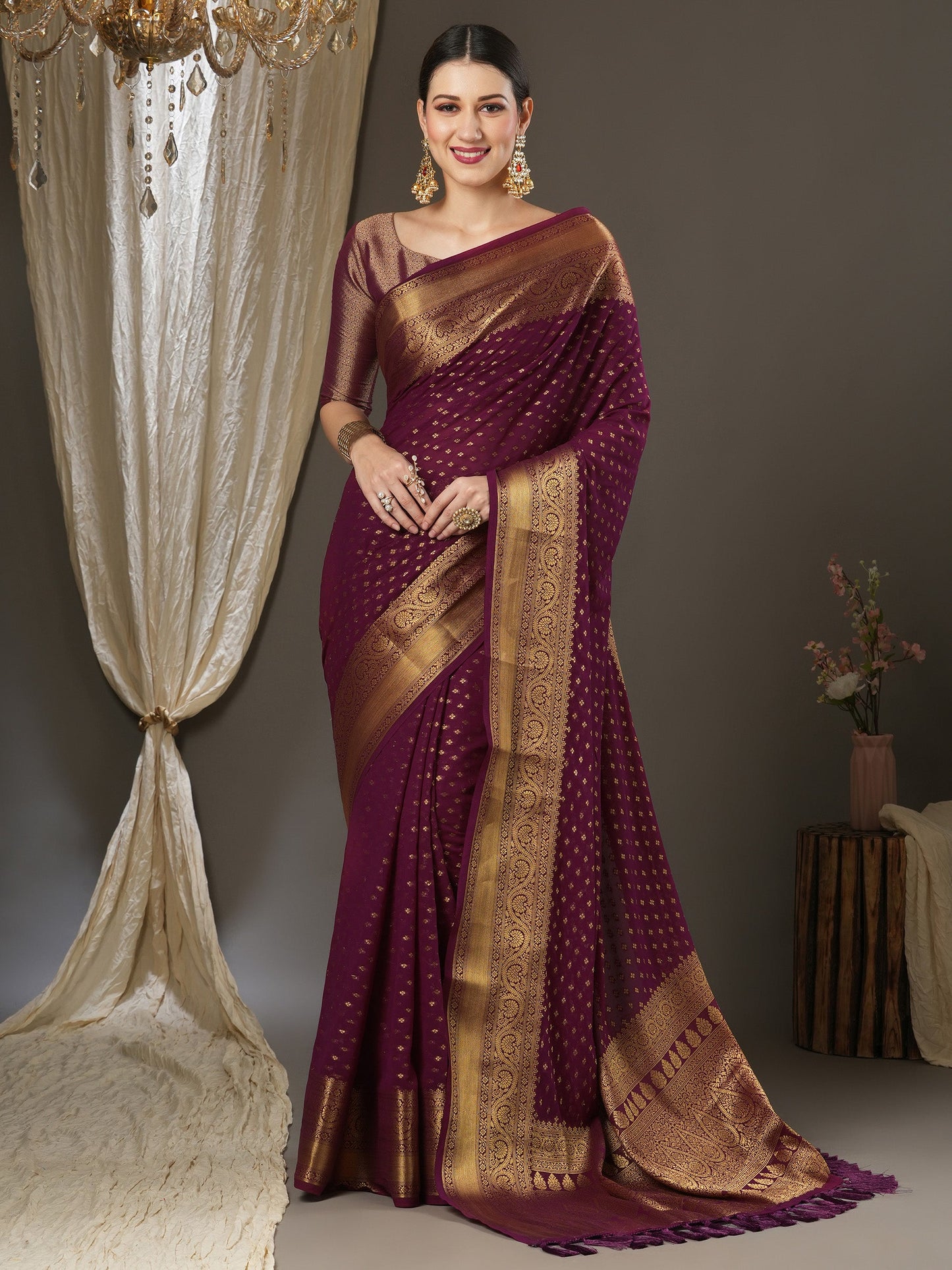 Women's Georgette Burgundy Woven Design Designer Saree With Blouse Piece