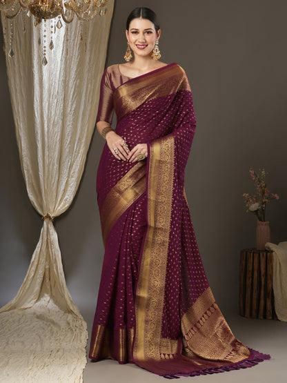 Women's Georgette Burgundy Woven Design Designer Saree With Blouse Piece