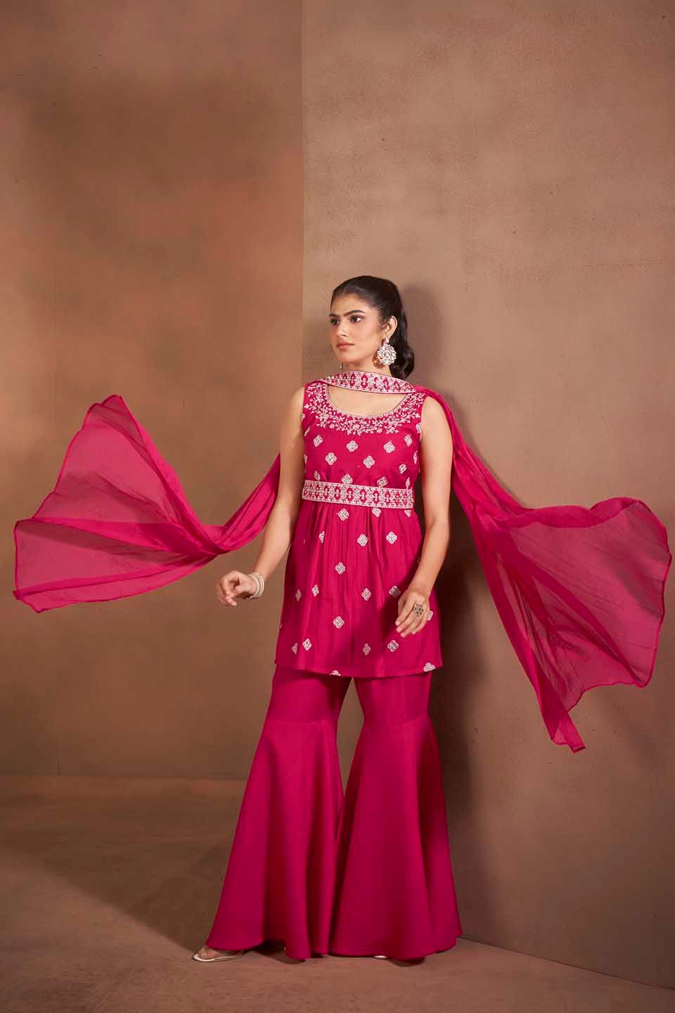Dhiyona AN Floral Embroidered Thread Work Raw Silk Kurta With Sharara And Dupatta