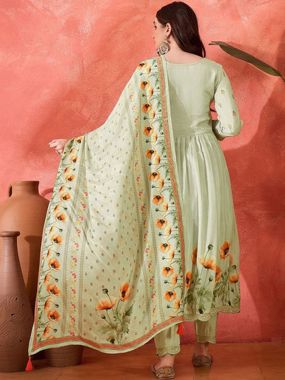 Dhiyona CH Women Floral Printed Empire Kurta with Trousers & Dupatta