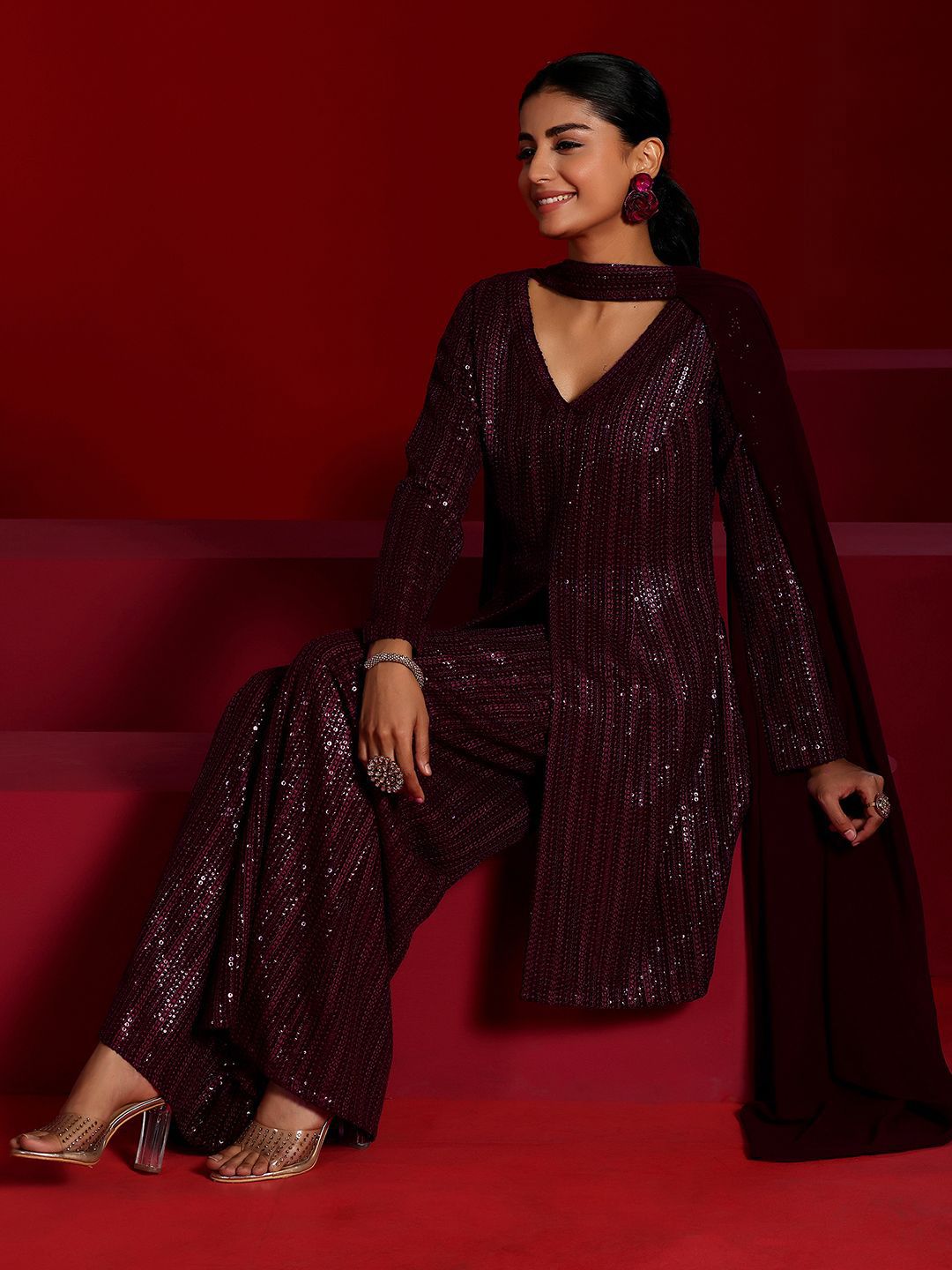 Dhiyona LL V-Neck Art Sequinned Embroidered Kurta with Palazzos & Dupatta