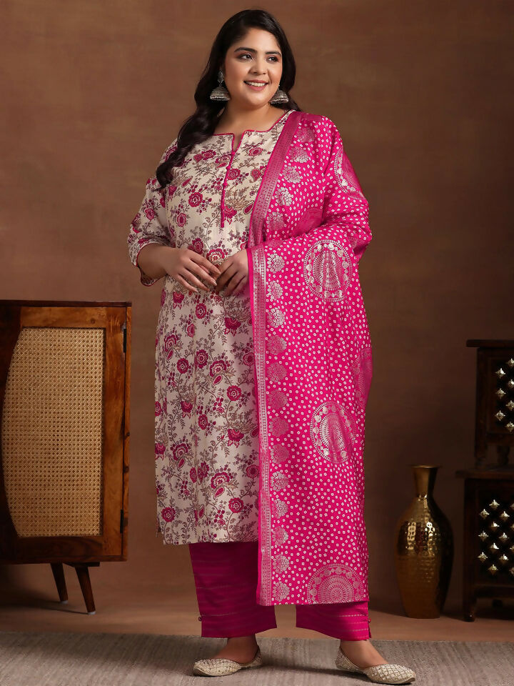 Women's LB Plus Size Pink Printed Silk Blend Straight Suit With Dupatta