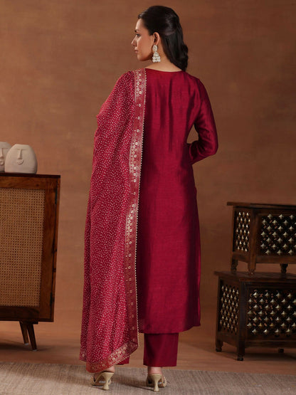 Women's LB Maroon Embroidered Silk Blend Straight Suit With Dupatta