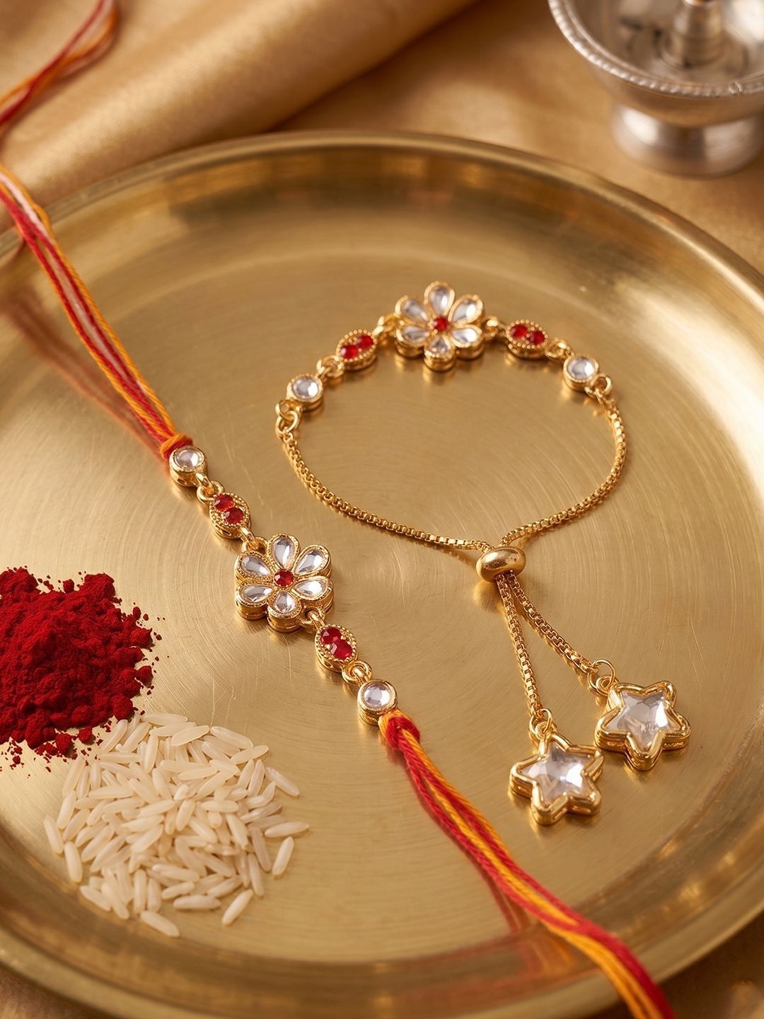 Dhiyona Set Of 2 Gold Toned Kundan Studded Bhaiya Bhabhi Rakhi