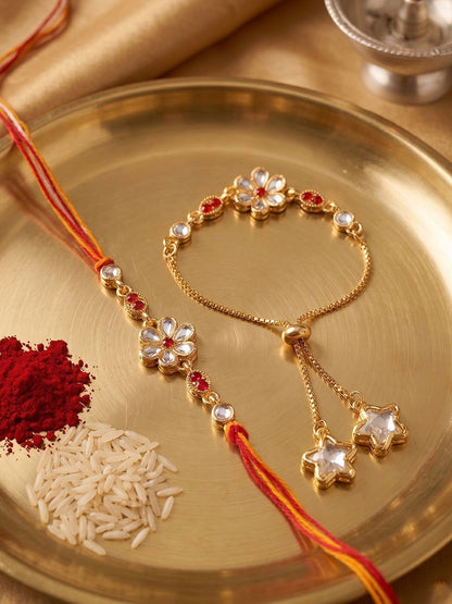 Dhiyona Set Of 2 Gold Toned Kundan Studded Bhaiya Bhabhi Rakhi