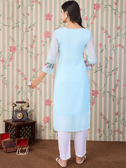 Dhiyona OD  Floral Embroidered Thread Work Floral Georgette Straight Kurta